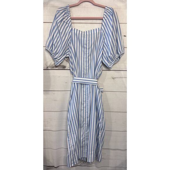 J. Crew NWT Dress Blue White Stripes Buttons Tie Waist Size Large Classy Preppy - Picture 2 of 5